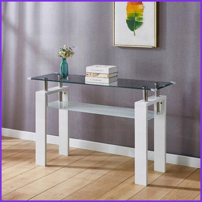 Table basse moderne en verre trempé pour le salon / vestibule, robuste et amp; Gain de place avec tablette givrée