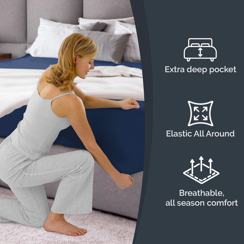 Extra Deep Pocket Fitted Sheet Only, Cooling & Breathable Bed Sheet, Soft, Fits 18–24 Inch Mattress, Queen, Navy Blue