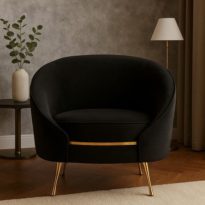 Reuben Velvet Barrel Chair, Black, Gold