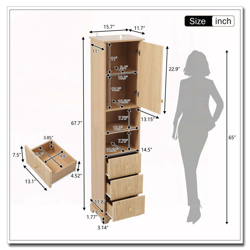 Armoire de salle de bain autoportante de 67,7 po de hauteur avec 1 porte, tablette réglable, 3 tiroirs, rangement ouvert