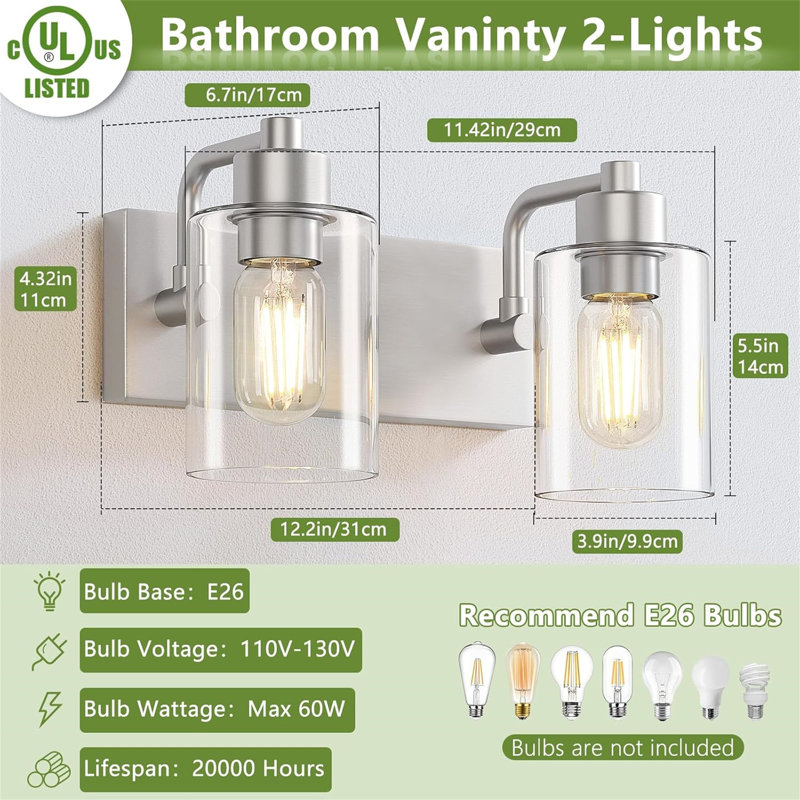 Dimmable Vanity Light, 2, Brushed Nickel