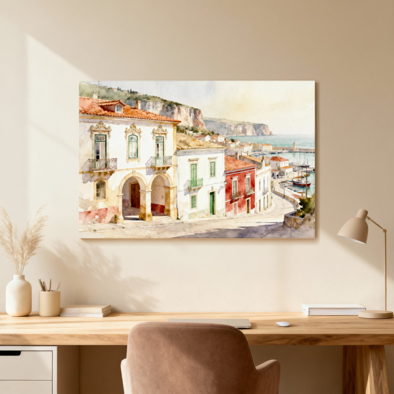 Scène de paysage côtier méditerranéen, H 20 po x l 30 po, Toile tendue, Ne s’applique pas