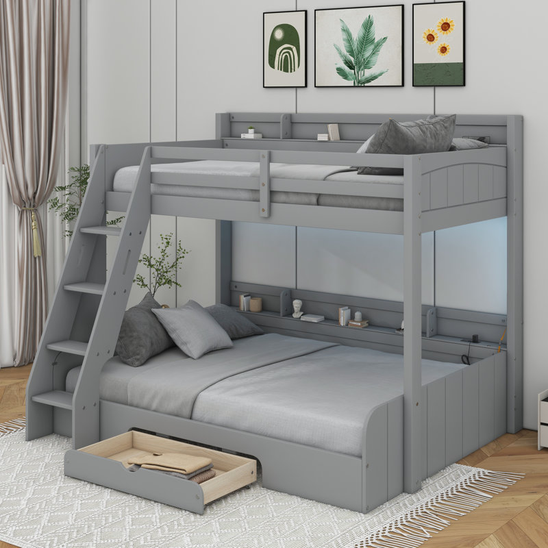 Lit superposé simple au dessus d'un lit double avec tablettes de rangement, DEL et tiroir, Gris