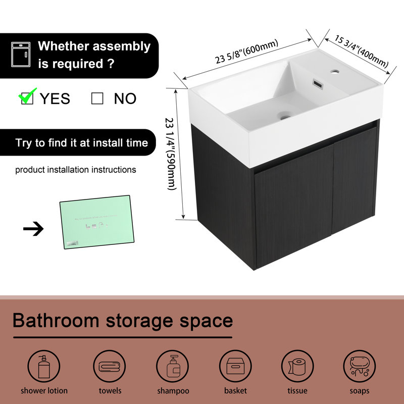 Meuble-lavabo flottant simple 24 po avec plateau en résine, Noir châtaignier