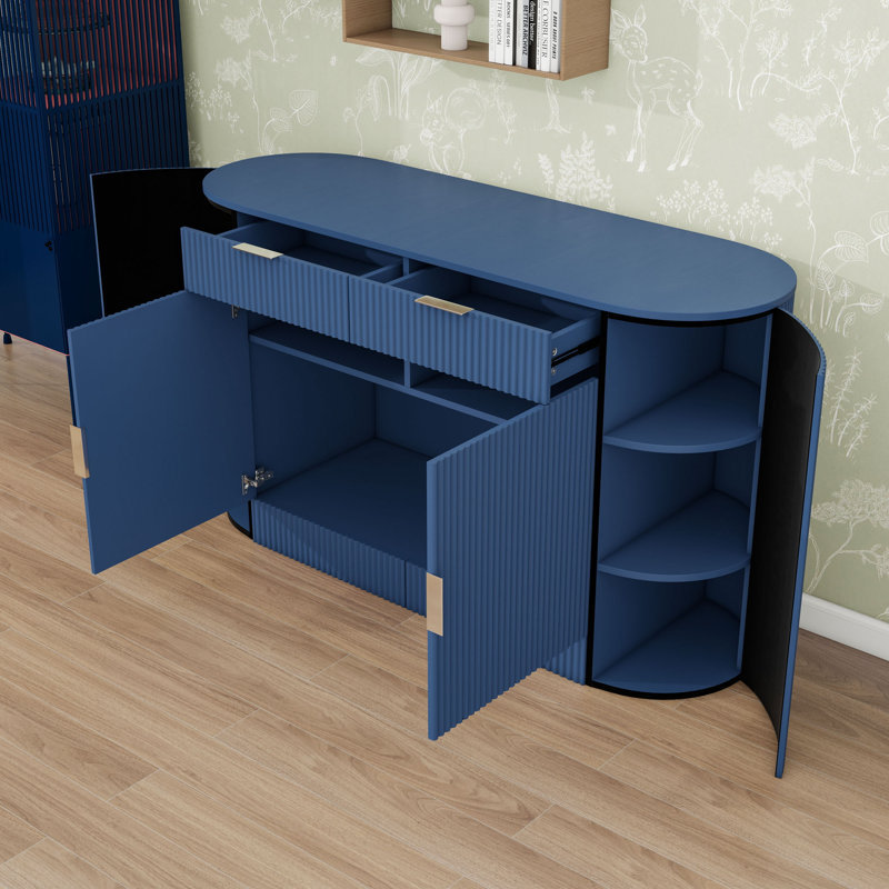 2-Drawer Sideboard with Curved Doors and 3-Tier Shelves for Living Room, Navy Blue