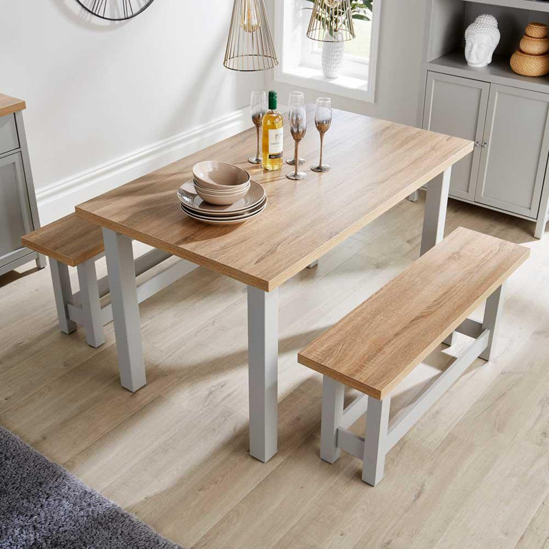 Calev 4 Person Grey Dining Table and Bench Set