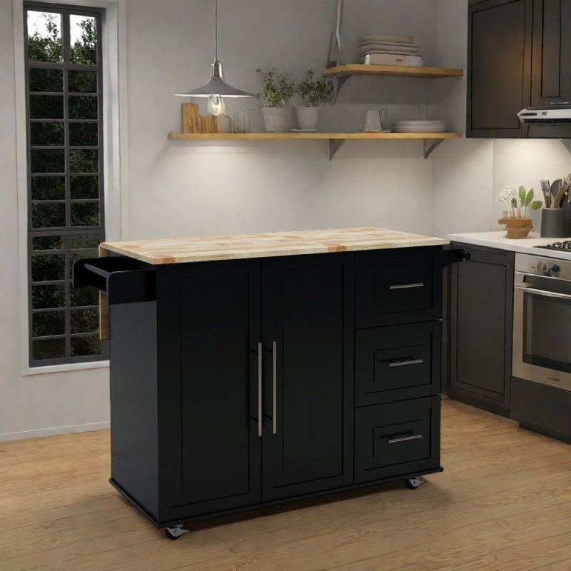 Kitchen Island with Extensible Solid Wood Table Top