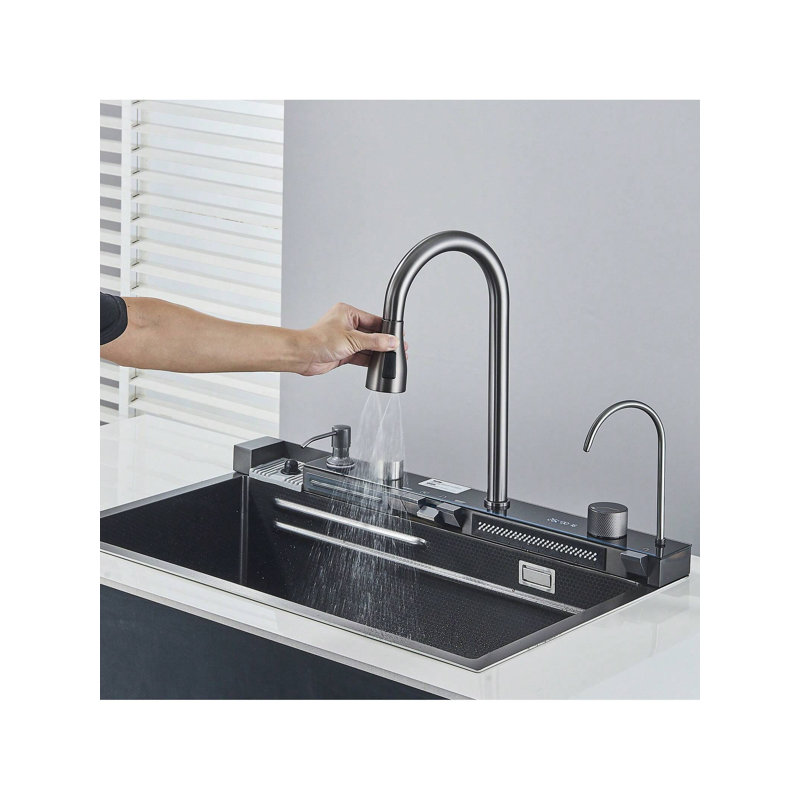 Robinet d'évier de cuisine en acier inoxydable avec ensemble complet Gun Grey