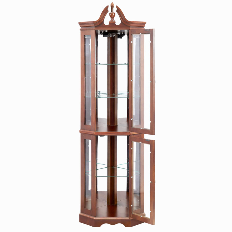 Vitrine de coin en noyer avec lumières, tablettes réglables en verre trempé, dos en miroir, vitrine