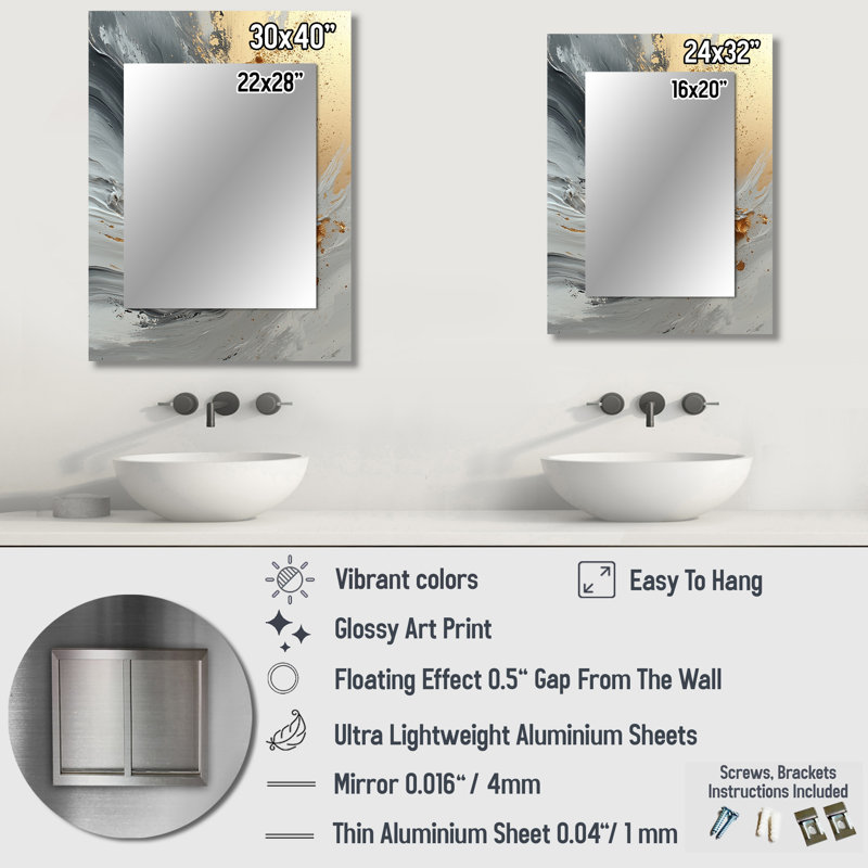 Abstract Marble In Grey And Gold Tones VI - Marble Decorative Mirror, Modern Wall Mirror, Printed Metal Art, 40" x 30"