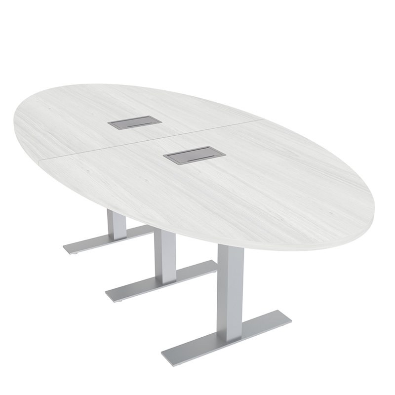 Table de salle de conférence ovale avec bases en T et alimentation et données, L 96 po x l 48 po, Cyprès blanc