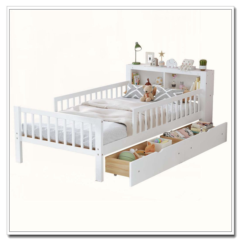 Lit simple avec support de rangement pour tête de lit, 2 tiroirs et garde-corps à 3 côtés, blanc, Blanc
