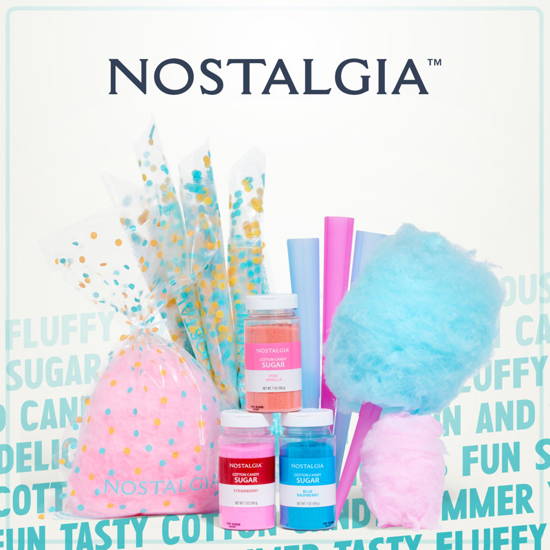 Nostalgia FSCC8 Cotton Candy Party Kit - Pink Vanilla, Blue Raspberry, Strawberry Flossing Sugars (7 oz. each) with Reusable Cones and Twist Ties