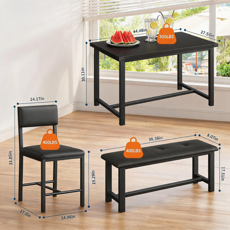 Ensemble de table de salle à manger 4 pièces, table de salle à manger en bois avec 2 chaises rembourrées et banc, ensemble de table de salle à manger compact et durable pour la cuisine, la salle à manger, l’appartement et les petits espaces.