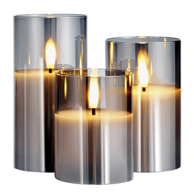Gray Flickering Flameless Candles, Set Of 3 Battery Operated Flameless Led Candles With 10-Key Remote And Timer, Real Wax And Warm Color Flickering Light For Festival Wedding Home Party Decor