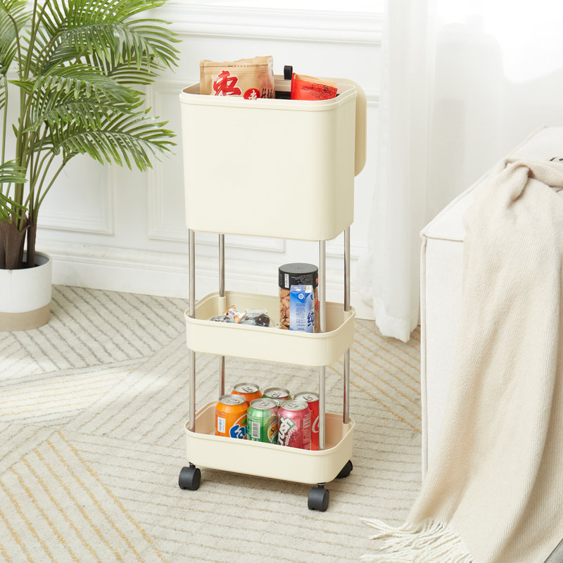 Kitchen Trash Can with Lid Garbage Bin with 2 Storage Shelves Narrow Waste Basket Snack Cart with Wheel