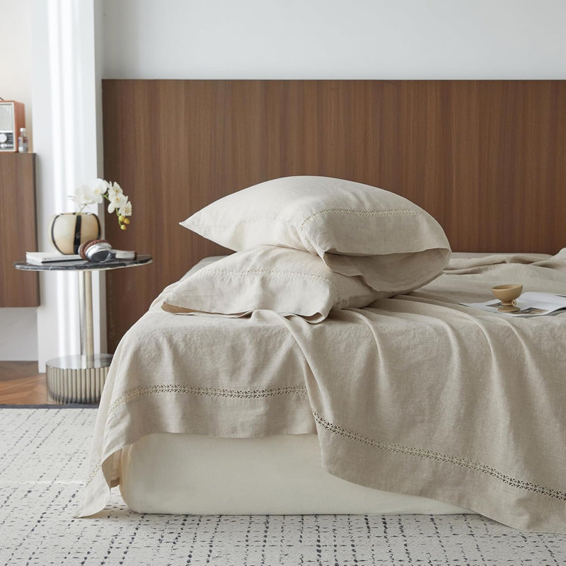 Ensemble de draps 100% lin lavé - Draps en lin naturel français, Lin lin, Très grand 1 drap plat + 1 drap-housse + 2 taies 
