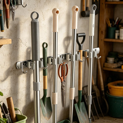 Heavy Duty Broom Holder Wall Mount With 4 Racks And 5 Hooks, Stainless Steel Mop And Tool Organizer For Garage, Laundry Room, Kitchen, And Garden