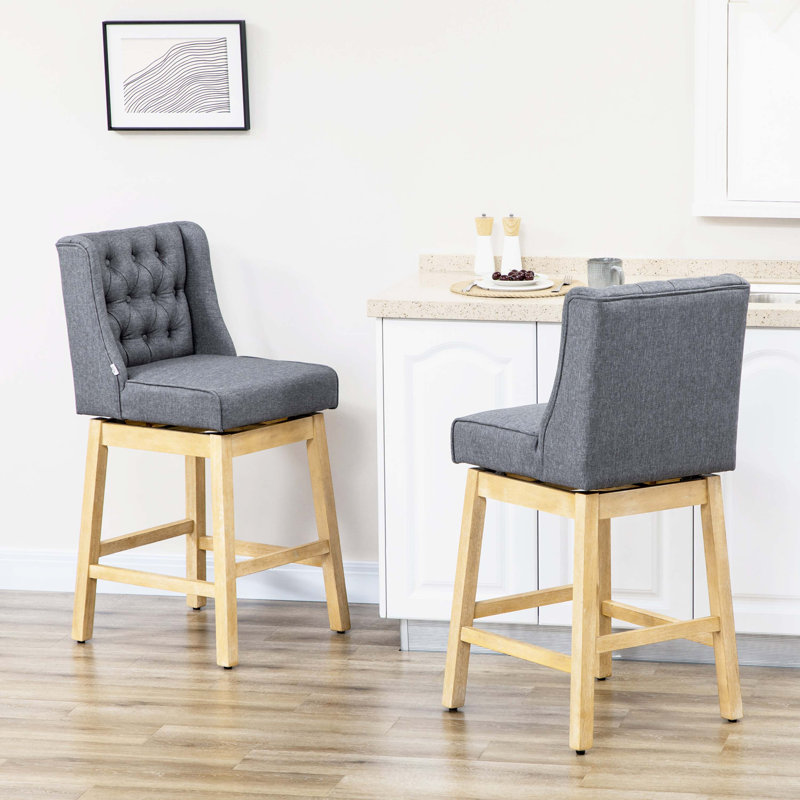 Chewning , 180 Degree Swivel Kitchen Island Stool Dining Room Chairs with Solid Wood Footrests and Button Tufted Design, Gray