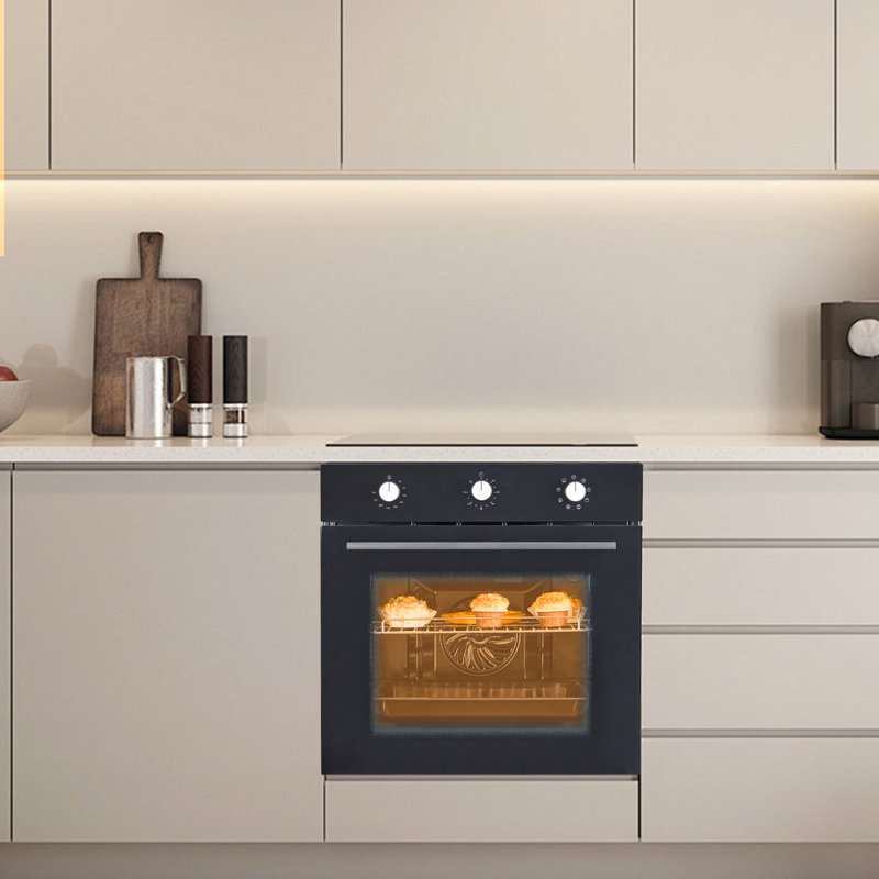 Single Wall Oven 24", Built-in Electric Ovens - 2.5 CF Convection, 3000W Power, 240V, 8 Cooking Modes, Mechanical Controls, Transparent Window, Black Design