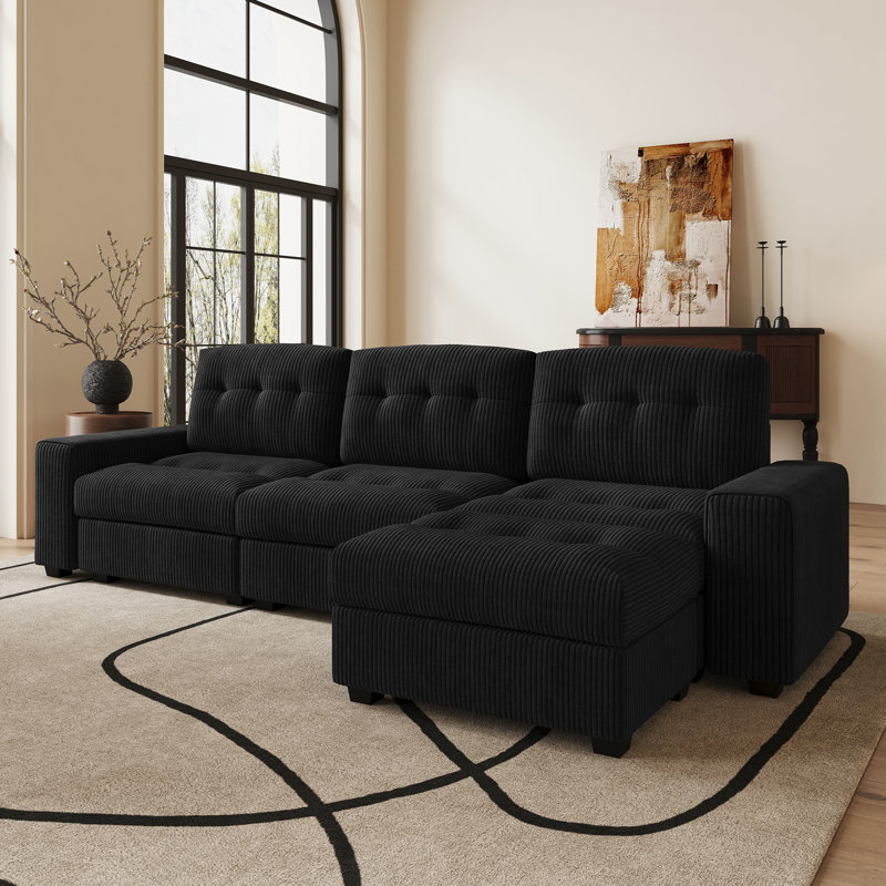 Corduroy Tufted 3-Seat Sofa Spacious Seats L-Shaped Apartment Couch, Black Corduroy