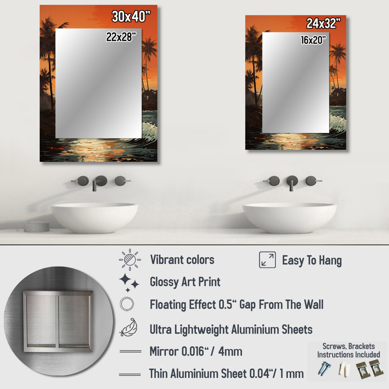 Tangerine Twilight Tropical Tranquility Sunset I - Palm Trees Decorative Wall Mirror, Traditional Mirror, Printed Metal Art