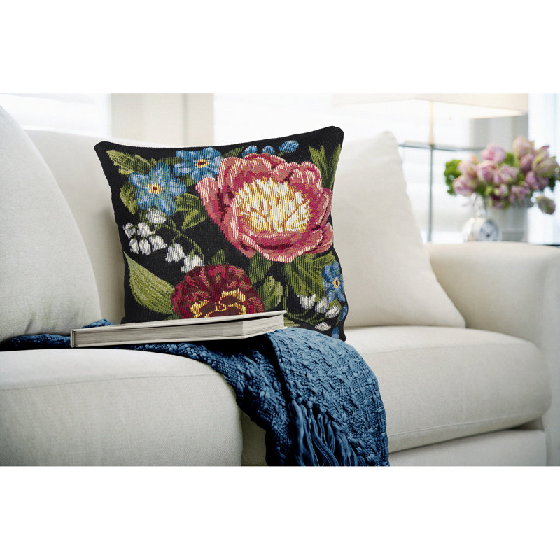 Black Floral Indoor/Outdoor Round Throw Pillow