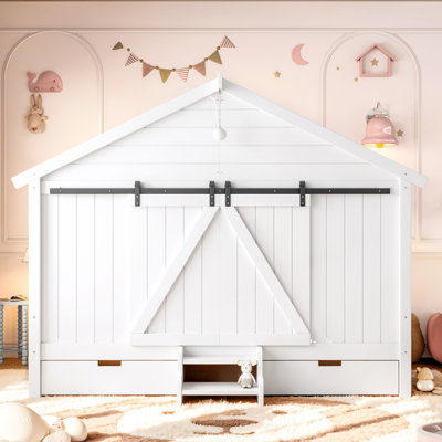 Full Size Farmhouse House Bed Frame with Sliding Barn Door, Light Bulb, Stairs & Storage Drawers, White