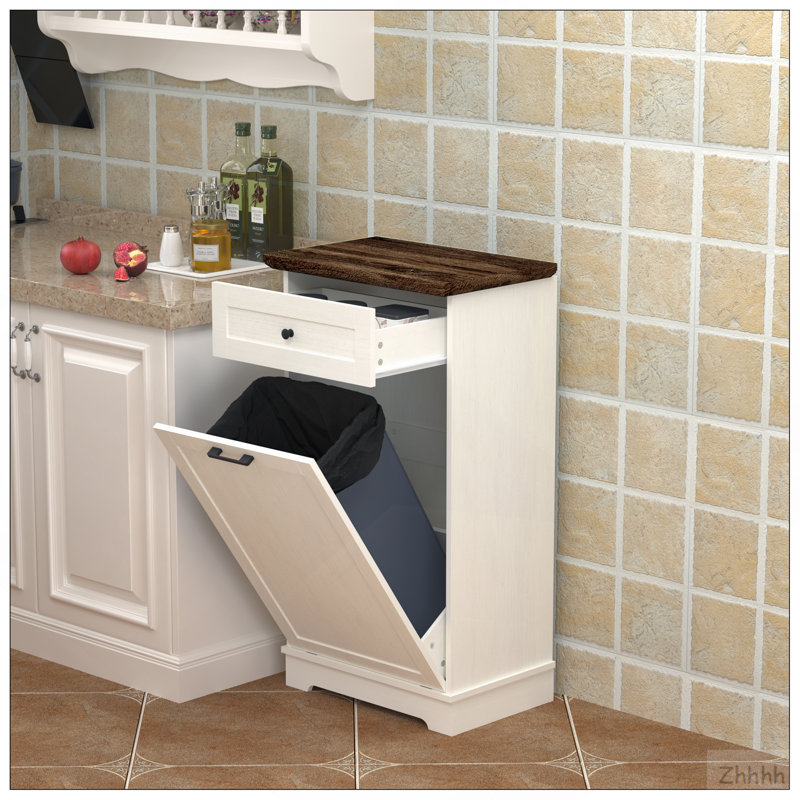 Armoire poubelle autoportante 13 gallons inclinable avec bac à ordures en bois avec tiroir Support pour poubelle pour cuisine / salon, blanc antique (ne pas inclure la poubelle)
