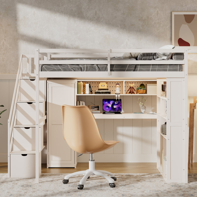 Full Loft Bed Frame with Built-In Wardrobe, Study Desk, Storage Shelves &  Lights, Space-Saving Design for Bedroom-Beige
