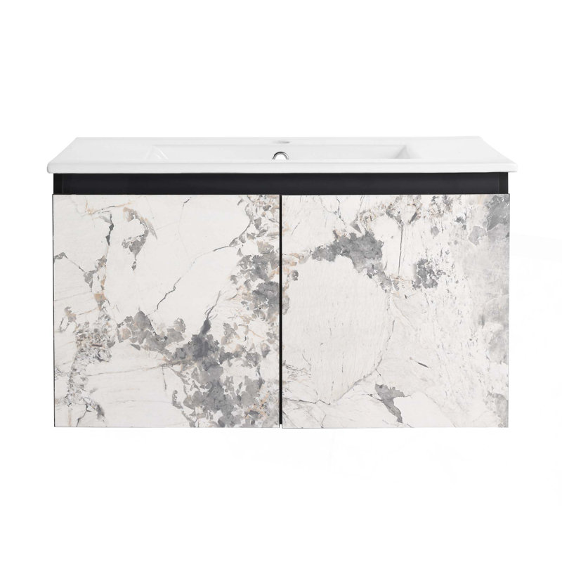 Meuble-lavabo flottant mural avec lavabo en céramique et porte d'armoire à fermeture en douceur