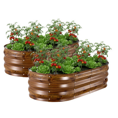 Galvanized Raised Garden Beds, 4 x 2 x 1 ft, Oval Metal Planter Boxes Kit Outdoor, Bottomless Elevated Garden Box with Gloves, Alu-Zinc, for Planting Flowers Vegetables, Deep Wood Grain