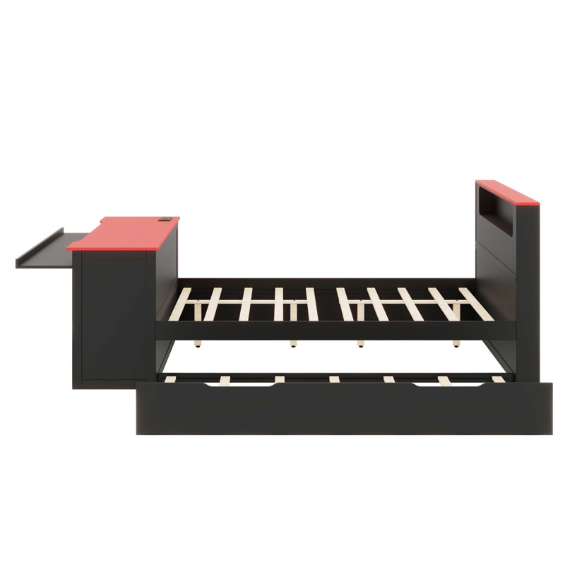Lit de jour en bois avec couchette, bureau d'écriture, éclairage à DEL intégré et ports de charge USB, Double, Noir et rouge