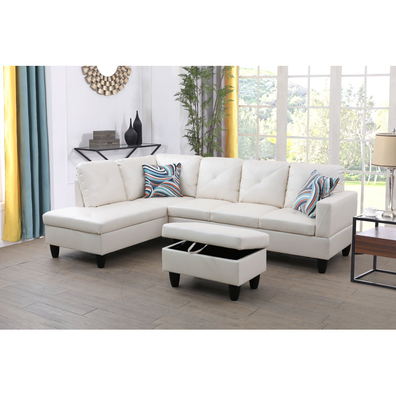 Swarey Faux Leather L-Shaped Sectional, Left Hand Facing, Off White Faux Leather