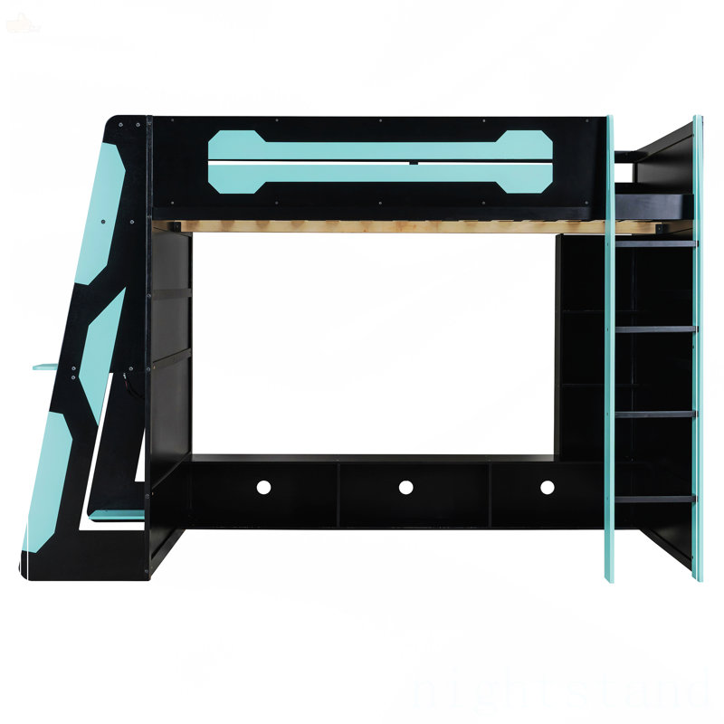 Lit mezzanine double en bois avec bureau, Bleu