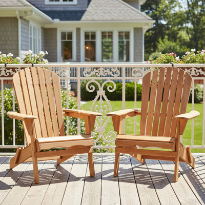 Outdoor Wooden Folding Adirondack Chair Set Of 2 With Pre-Assembled Backrest, Wood Patio Chair For Garden Backyard Porch Pool Deck Firepit