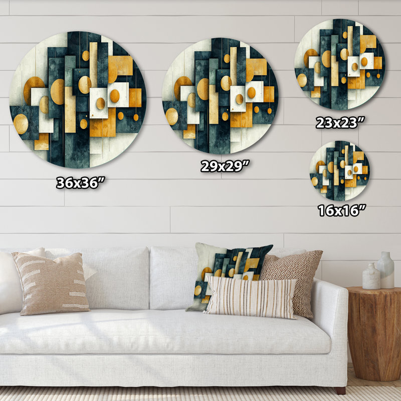 «Dynamic Abstract Geometric Square Maze» - Art mural rond géométrique abstrait, art mural rond en métal jaune
