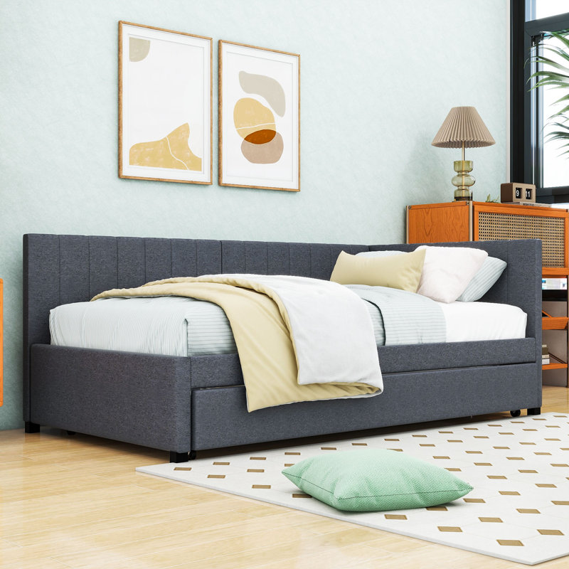 Linen Upholstered Daybed with Twin Trundle, Gray, Twin