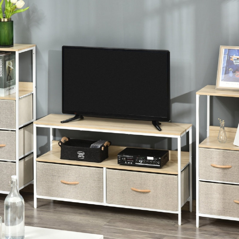 TV Stand Cabinet With 2 Foldable Drawers, Maple