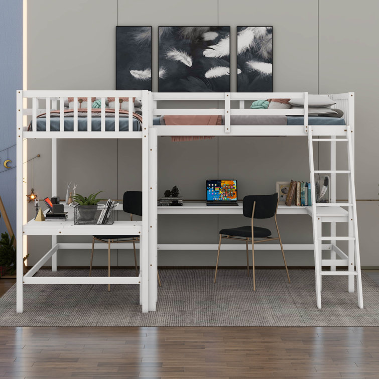 Jaryel Wood Twin Size L-Shaped Loft Bed with 2 Built-in L-Shaped Desks