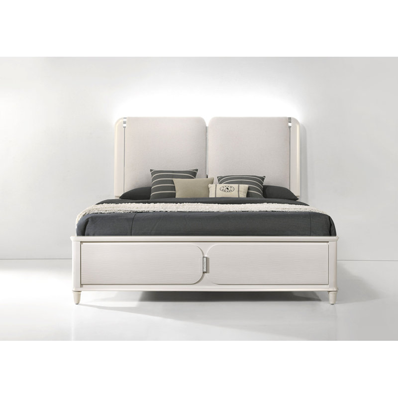 Grand lit lava gris clair bouclé et blanc perle avec lumières DEL Laveda