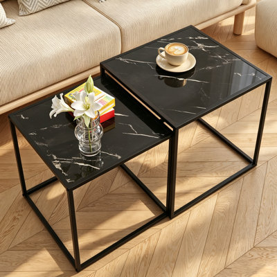 Modern 2-Piece Nesting Coffee Table Set, Black Marble Pattern Top & Black Metal Frame Square End Tables for Living Room Small Space
