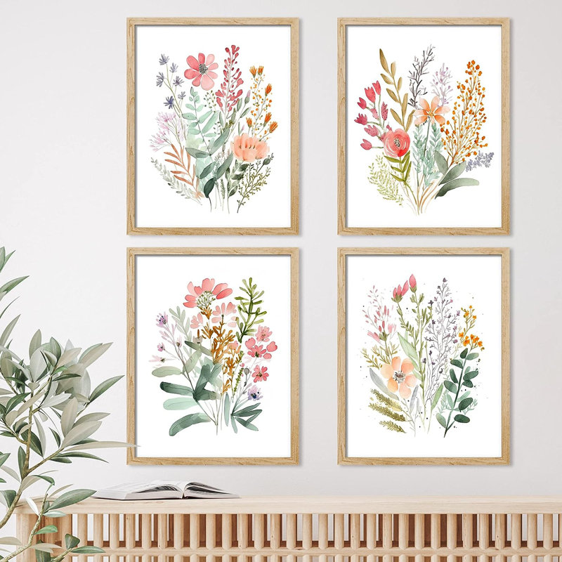 Vibrant Wildflower " IDEA4WALL Framed Colorful Wildflower Forest Bouquet Wall Art, Set Of 4 Nature Wilderness Wall Decor Prints, Botanical Floral Wall Decor For Living Room, Bedroom " 4 - Pieces