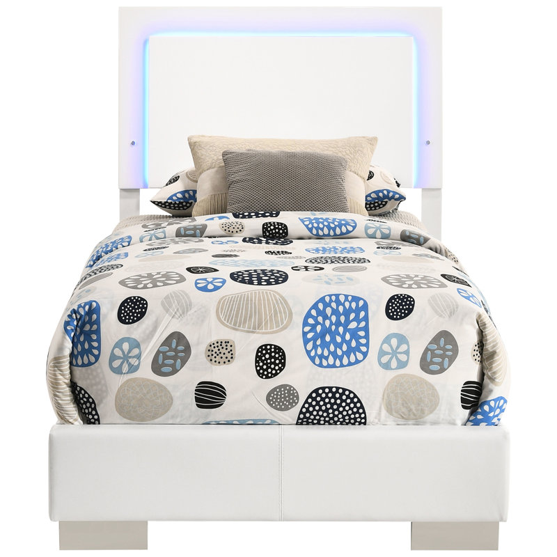 Twin Led Panel Bed Of White High Gloss With Slat Detailing And Four Support Pillars For Bedroom Decor, 48.5 Inches Featuring Gloss, Lighting, Stable Braces Aesthetics, 42.75 Wide