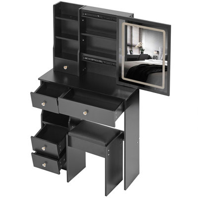 Petit meuble-lavabo de 29,2 po avec tabouret de bureau et tabouret rembourré, grand tiroir, commande tactile, interrupteur tricolore, miroir DEL à luminosité réglable, rangement grande capacité, convient aux petits espaces