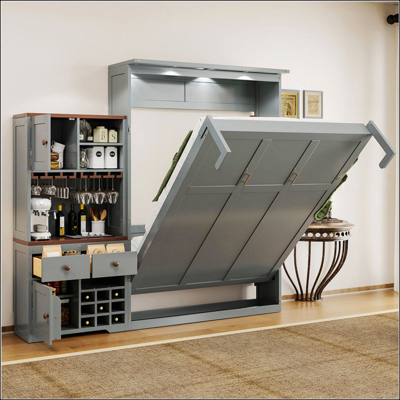Grand lit escamotable avec armoire de rangement, Gris