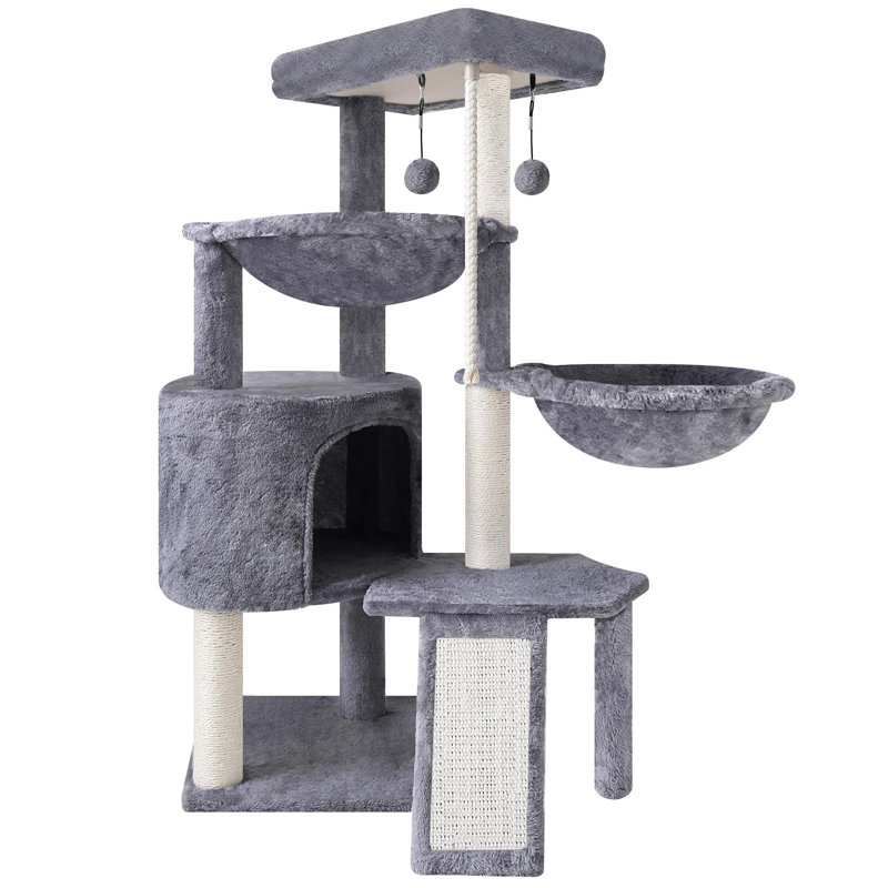 Arbre à chat à trois couches avec condo et deux hamacs, Gris