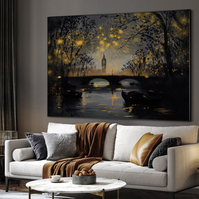 Très grand art mural imprimé sur toile - Feux d'artifice sur le paysage urbain de nuit avec pont et bateaux - "Assemblage requis (cadre non fini)"