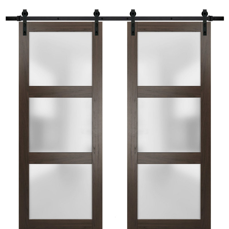 Portes de grange en verre givré Lucia avec quincaillerie d'installation, 72 po x 80 po, Frêne chocolat, Noir mat
