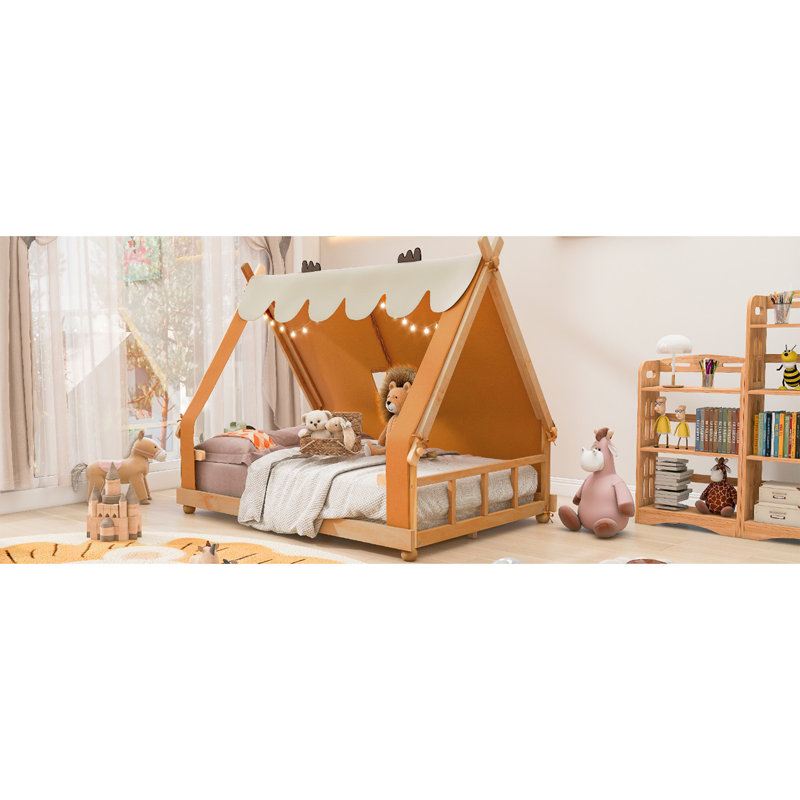 Lit double pleine grandeur avec tente et brun clair, Lit double, Brun